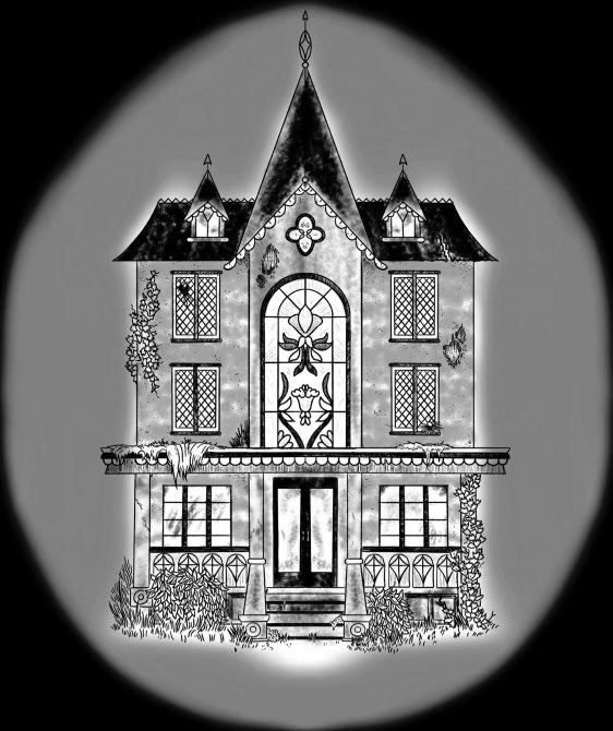 A black and white drawing of an ornate Victorian house complete with stained glass windows, an attic steeple, and a porch on a gray background in vignette.
